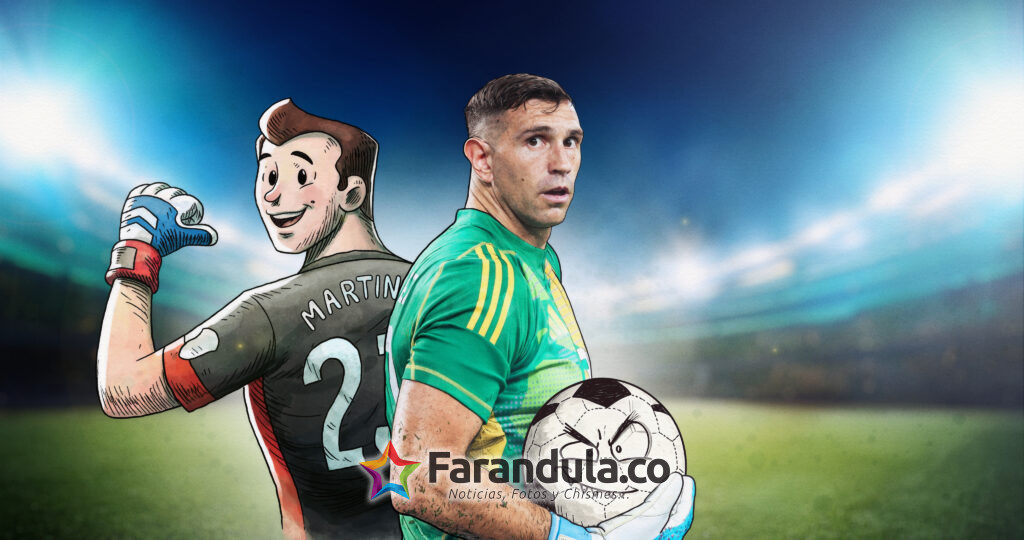 "A soccer goalie in green kit stands on a brightly lit stadium field, holding a soccer ball with a cartoon face. Beside him is a cartoon version of himself, smiling and giving a thumbs up, creating a dynamic, energetic scene."