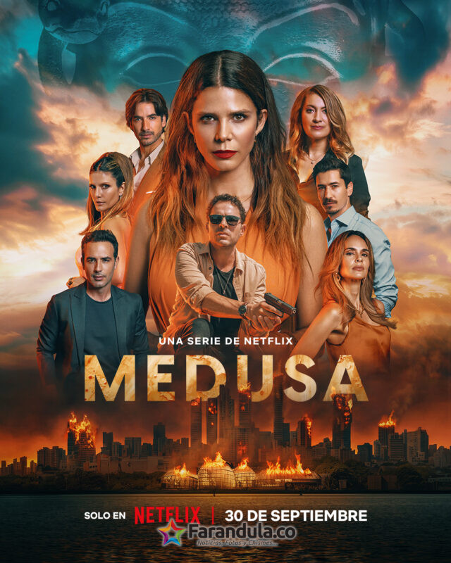 "A group of serious-looking people stand in front of a burning city skyline with a snake-like creature looming above; prominent title "Medusa" in gold, with Netflix and release date info below."