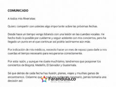 Carlos Rivera reprogramará sus presentaciones en Colombia, Guatemala y el Salvador para el 2027